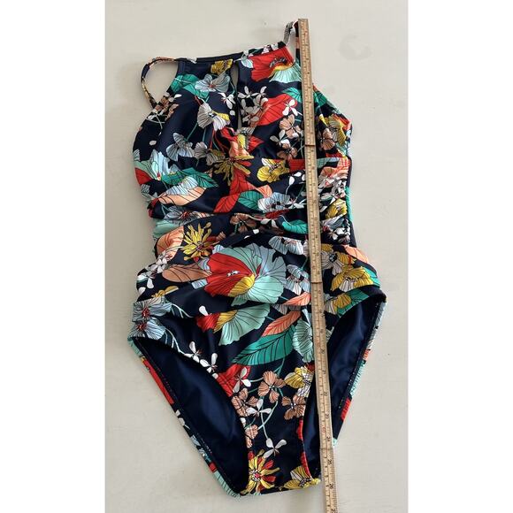 Ellen Tracy Keyhole High Neck One Piece Swimsuit Tropical Floral Size 6 Ruching - Picture 9 of 16